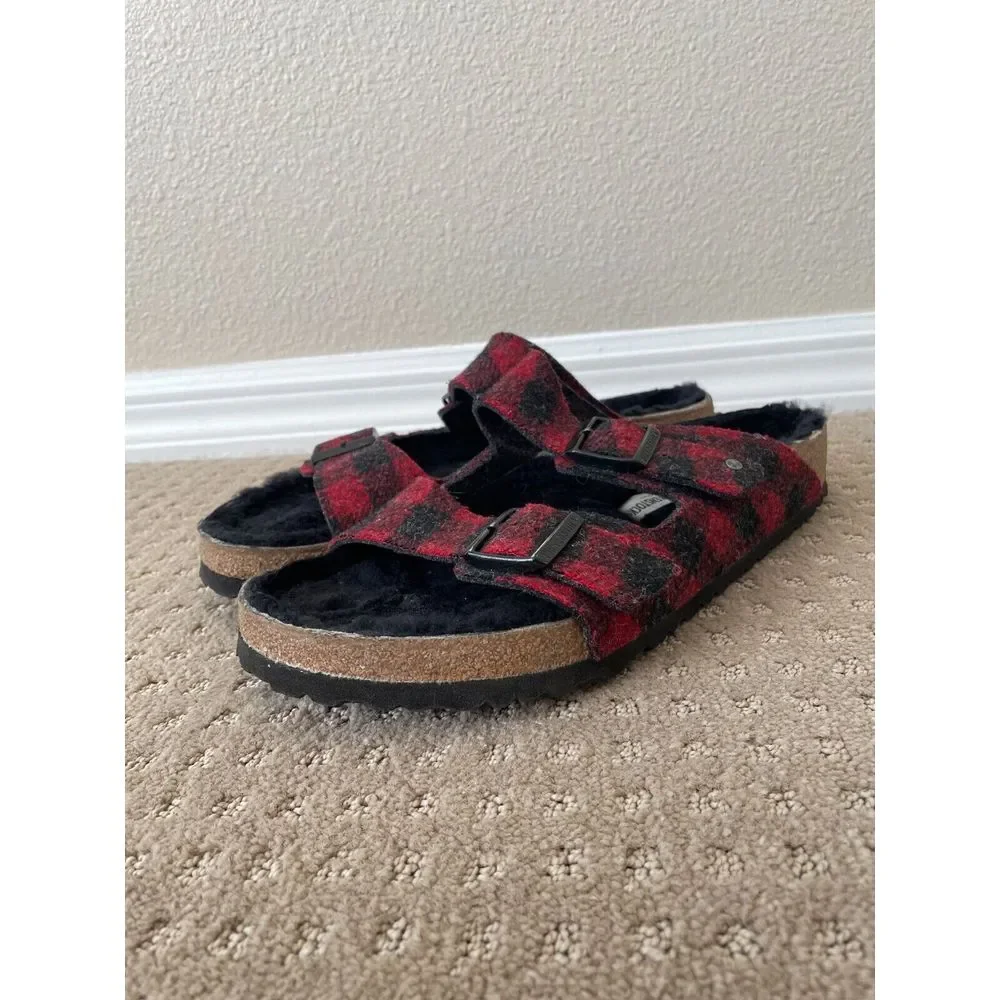 Birkenstock Arizona Shearling Sandals Men 45 US‎ 12 Red Black Wool Adjustable